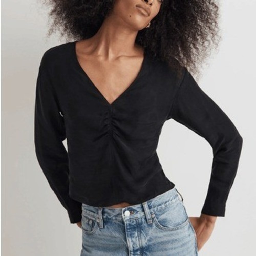 Madewell Brushed Ruched Front V-Neck Top Women 00 Black Long Sleeve Minimalist